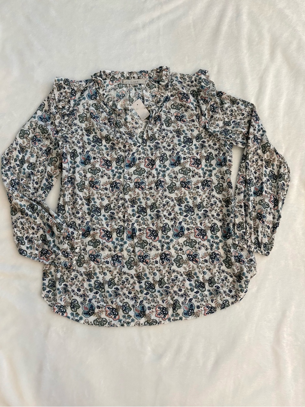 LOFT Floral Blouse in White with Blue and Green Accents